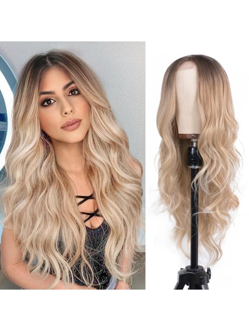 Women's Brown Blonde Synthetic Hair Dirty Blonde Heat Resistant Long Wavy Wig